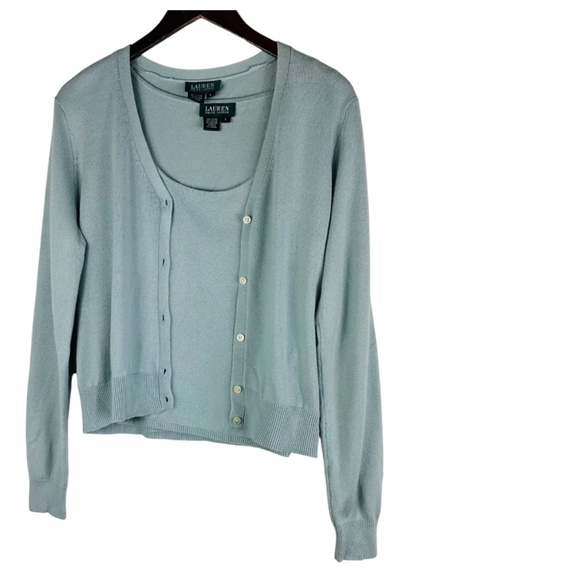 Ralph Lauren 2 pc Sweater Cardigan Tank Twinset Large 12 14 Silk Cashmere Teal - Picture 3 of 7